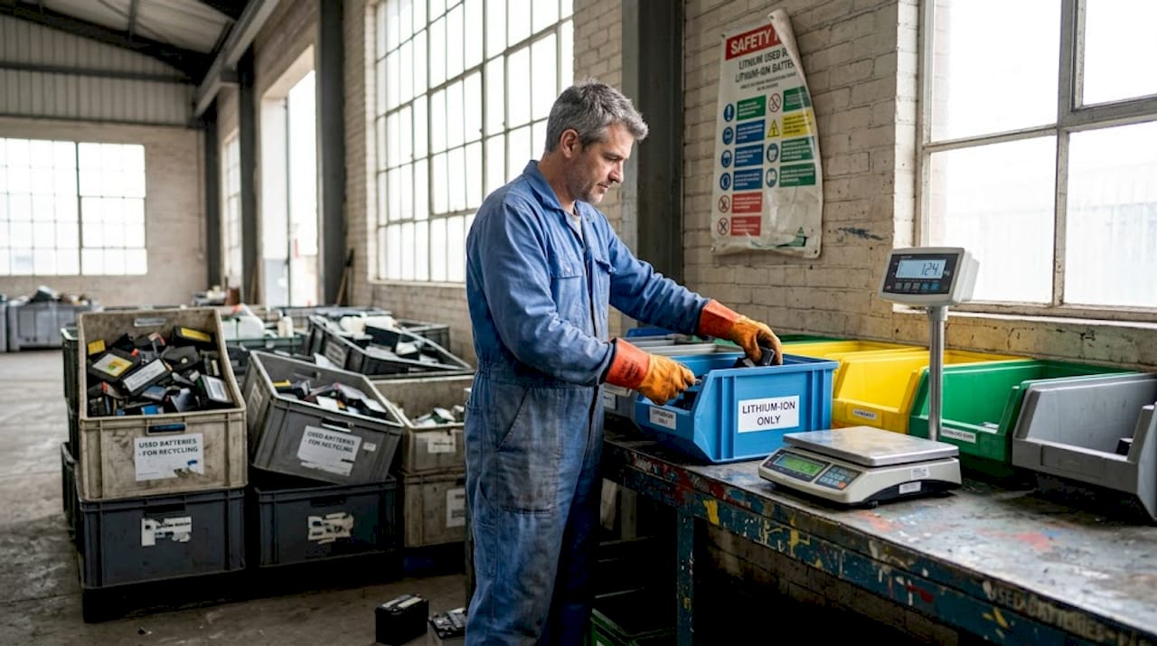 Technician sorting batteries for recycling