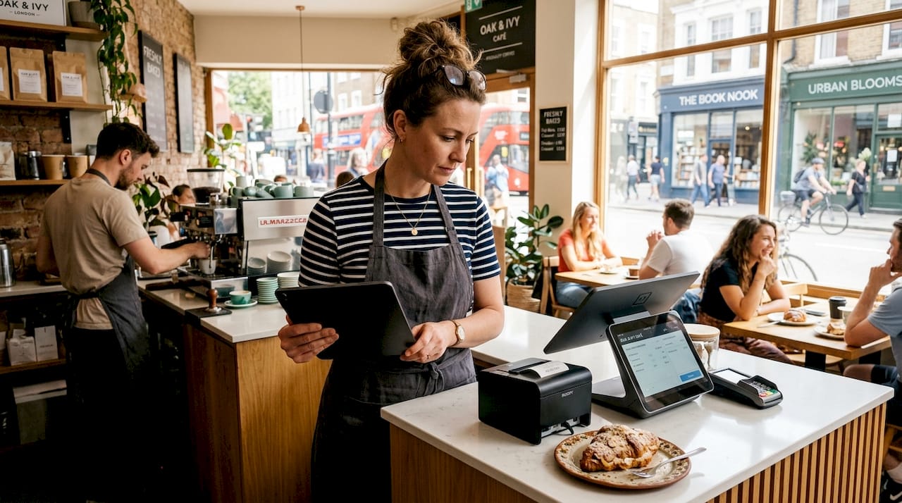 Cafe manager checking POS dashboard on tablet