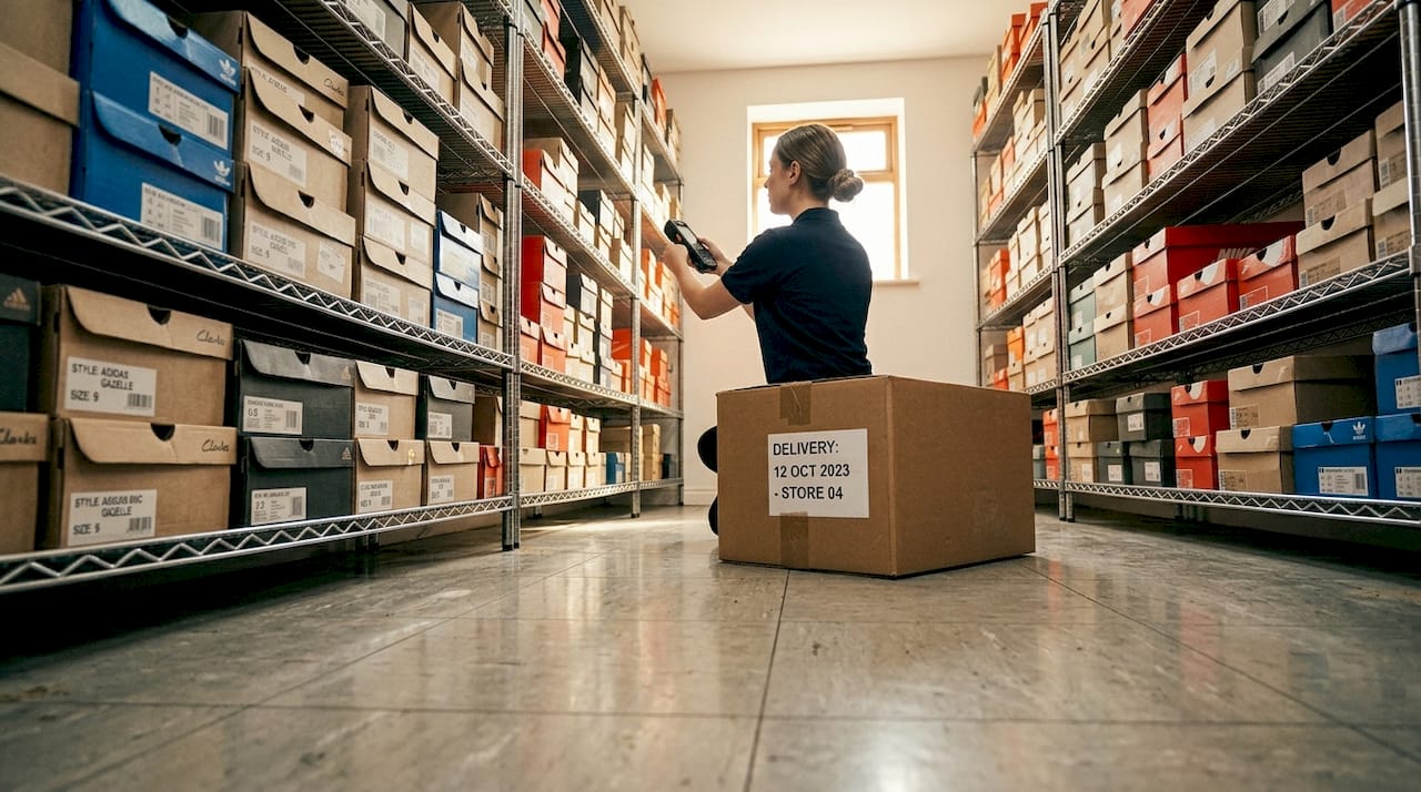 Retail worker scanning inventory in stockroom