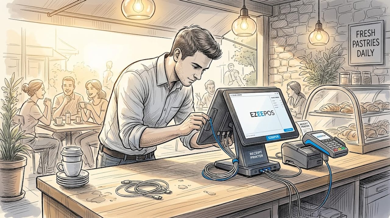 Technician checking POS hardware connections