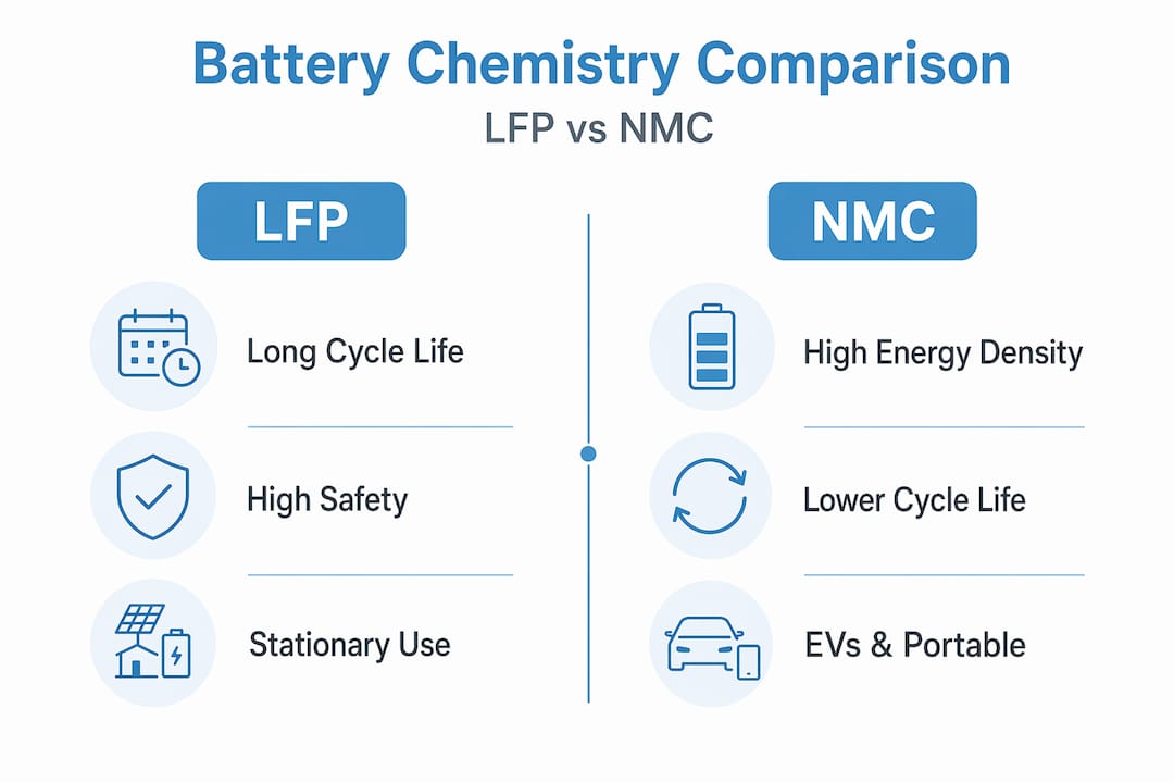 Infographic comparing LFP and NMC battery chemistries