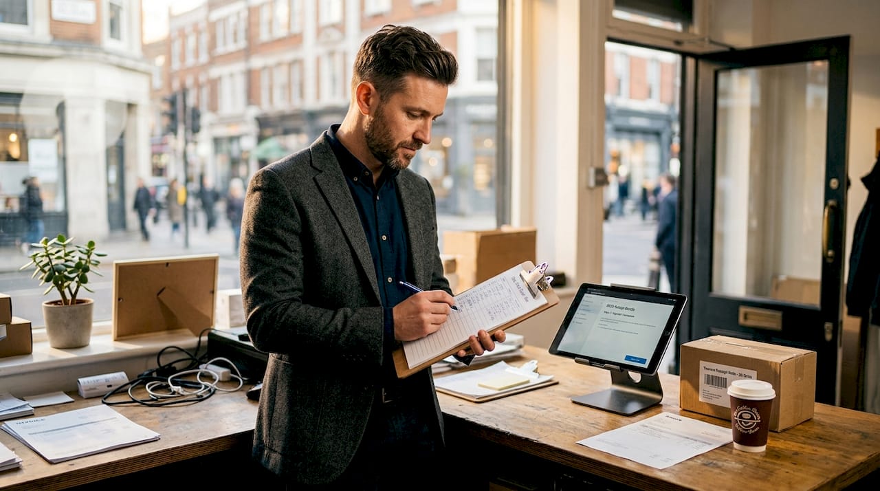 Retail manager setting up POS system in back office
