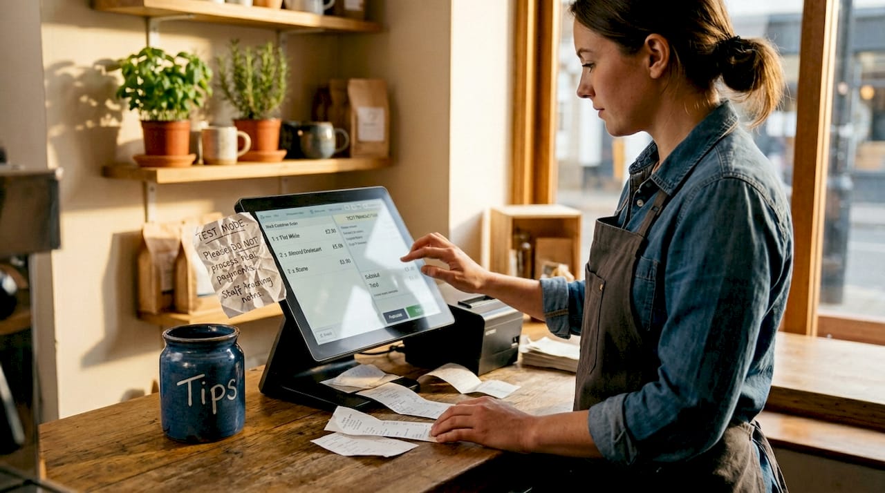 Staff member performing test transaction on store POS