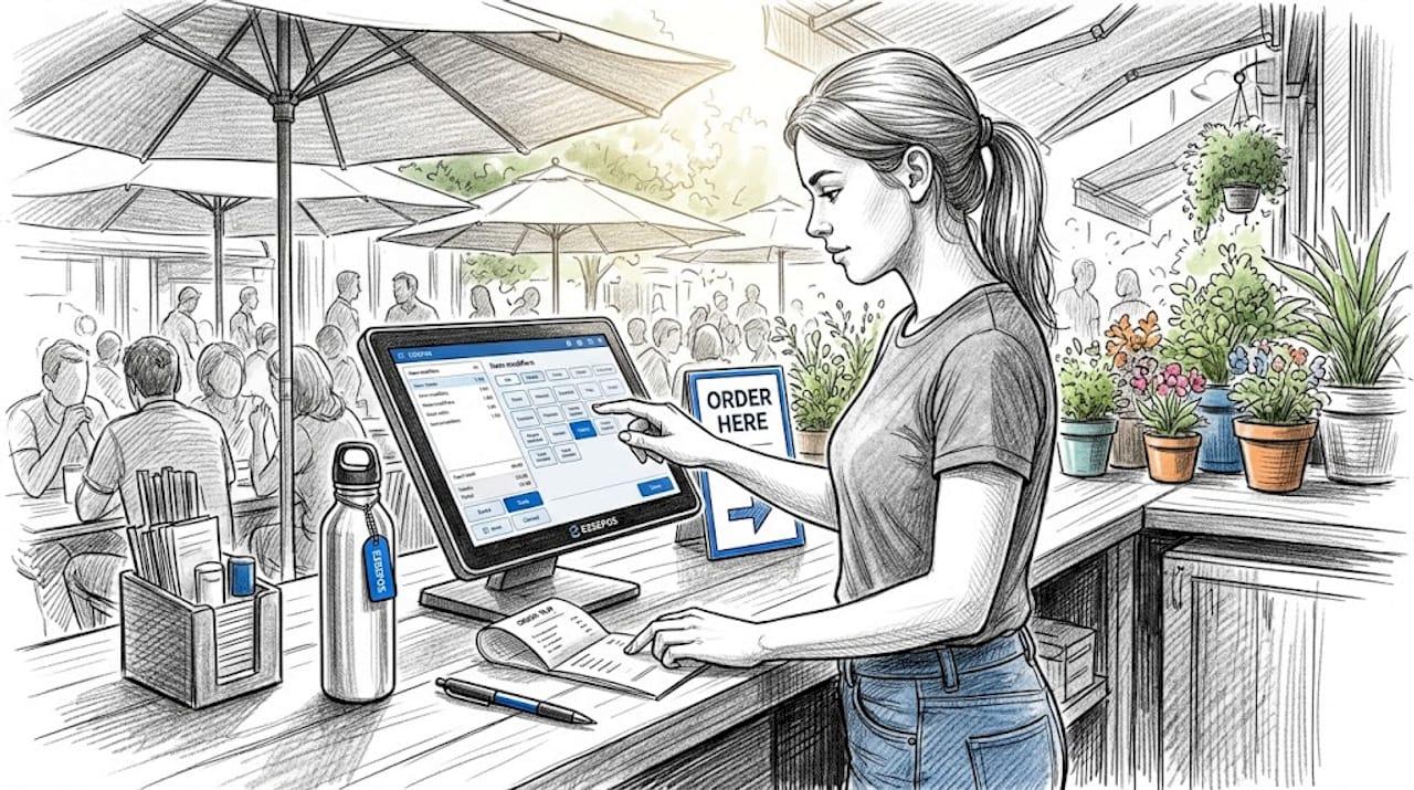 Staff using POS touchscreen for order modifiers