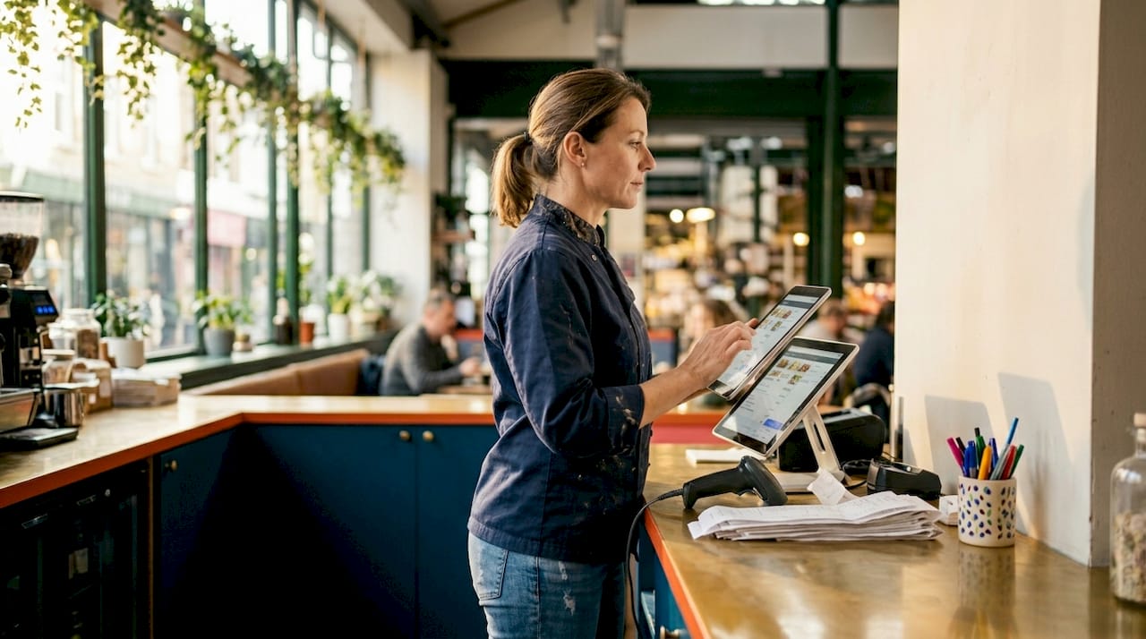Manager updating digital menu boards in restaurant