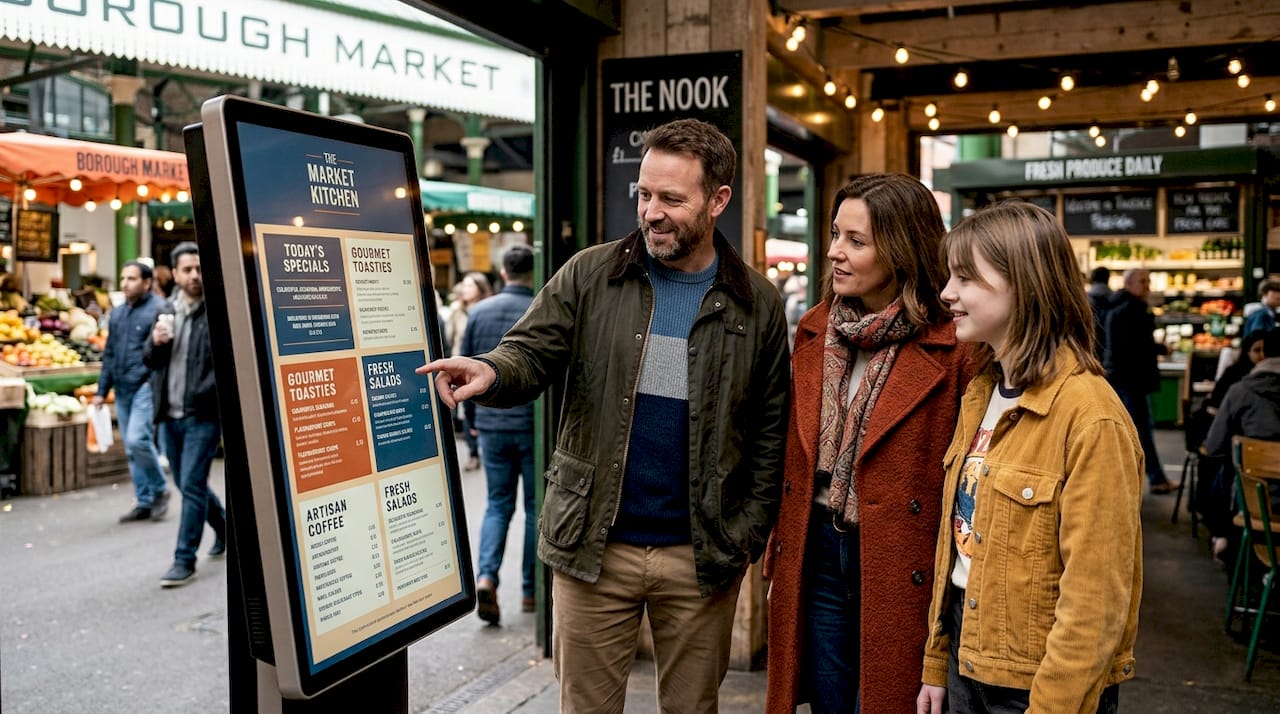 Diners selecting meals with digital menu boards