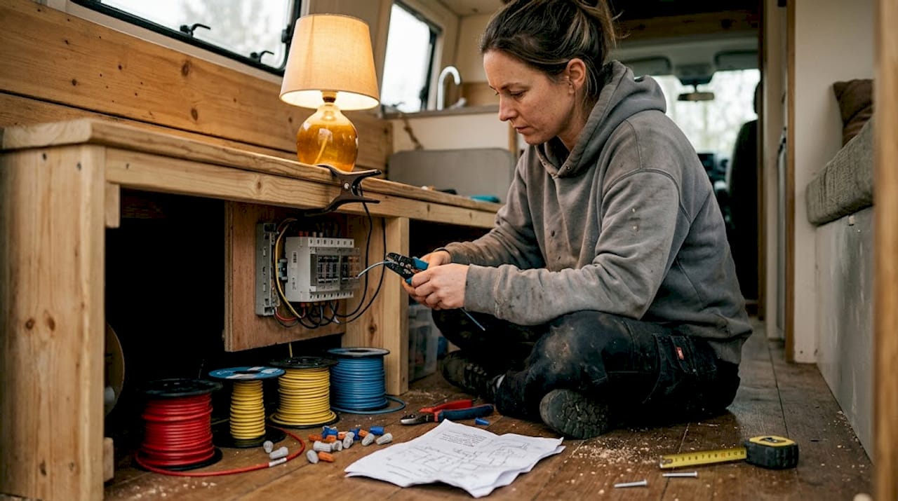 Woman wiring fuse box in campervan interior
