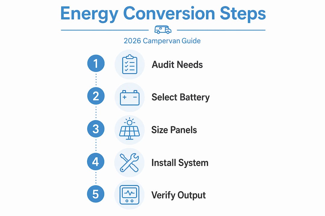 Infographic of campervan energy conversion steps
