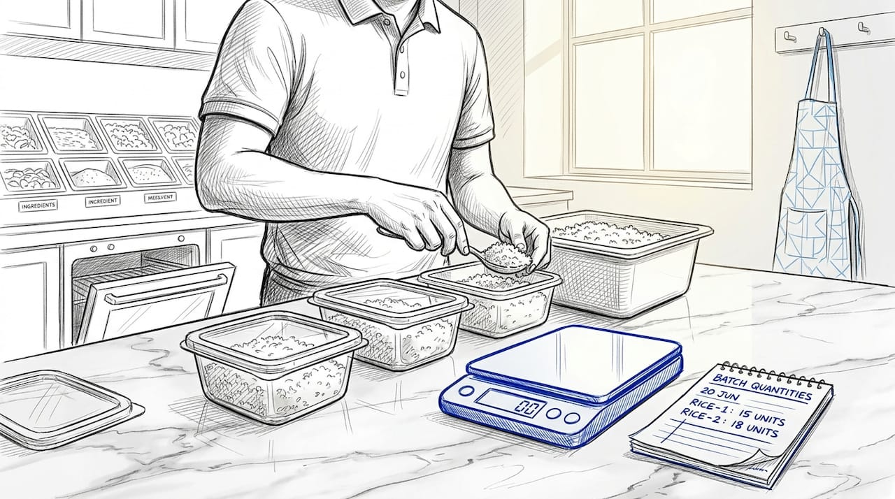 Worker batch preparing portions in kitchen
