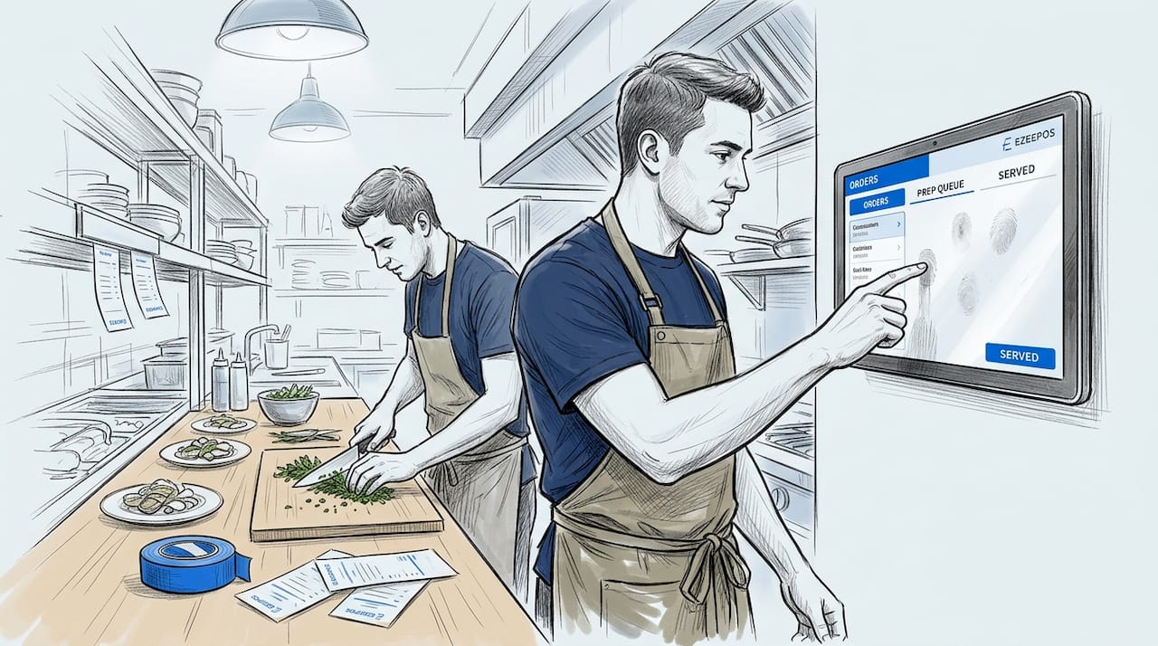 Cook reviewing orders on kitchen display screen