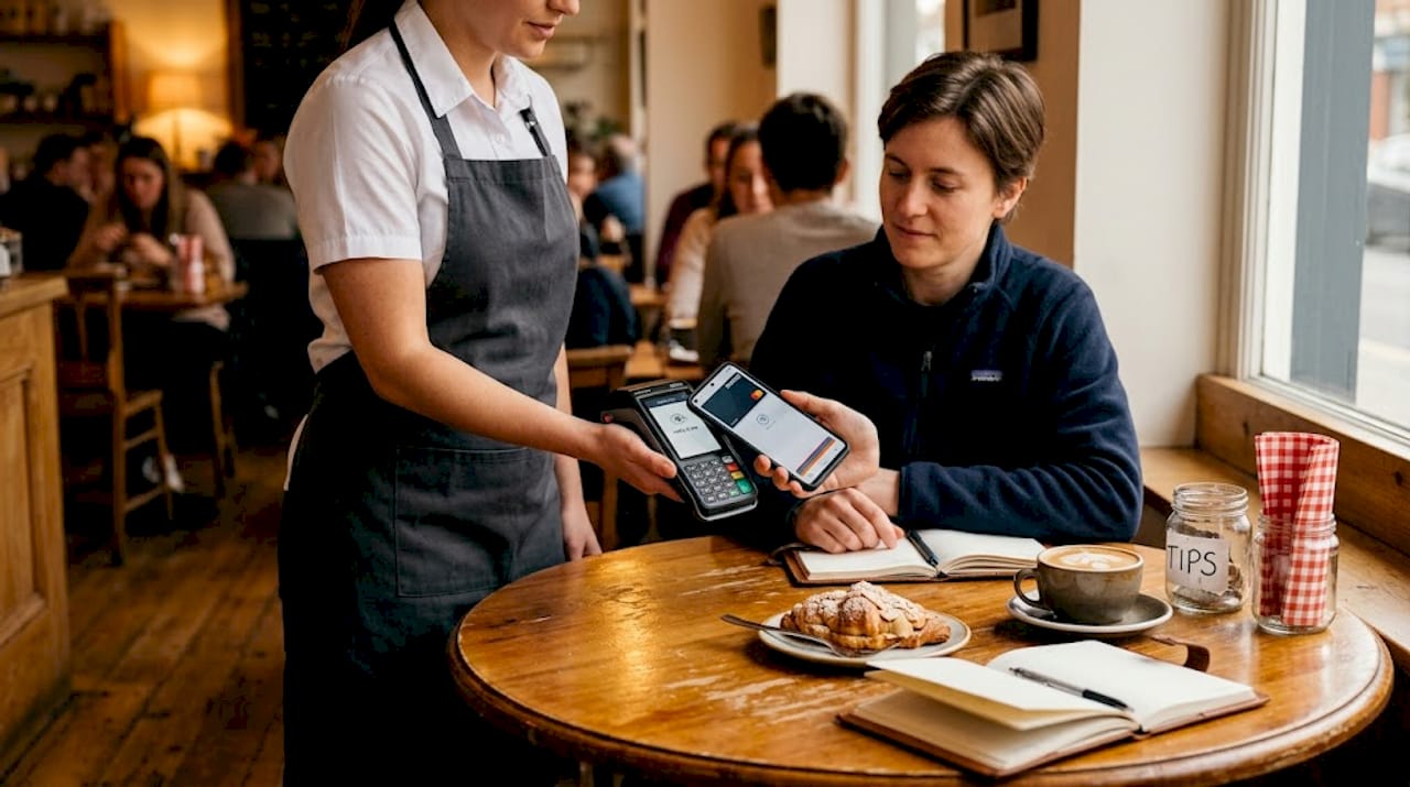 Customer using contactless payment at restaurant table