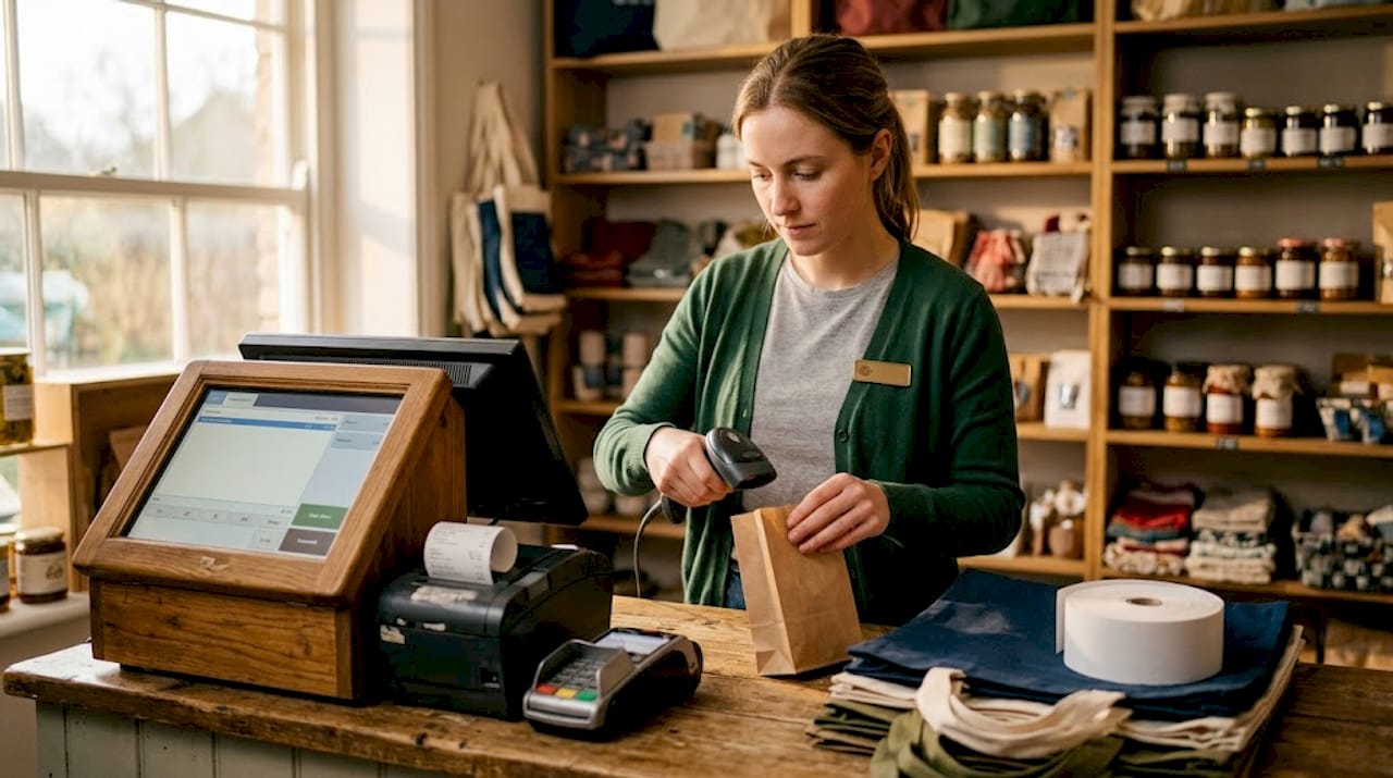 Cashier operating POS with peripherals at checkout