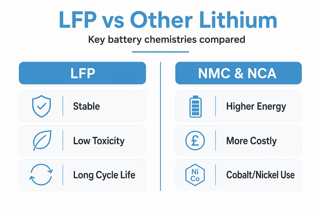 Infographic comparing LFP with NMC and NCA batteries