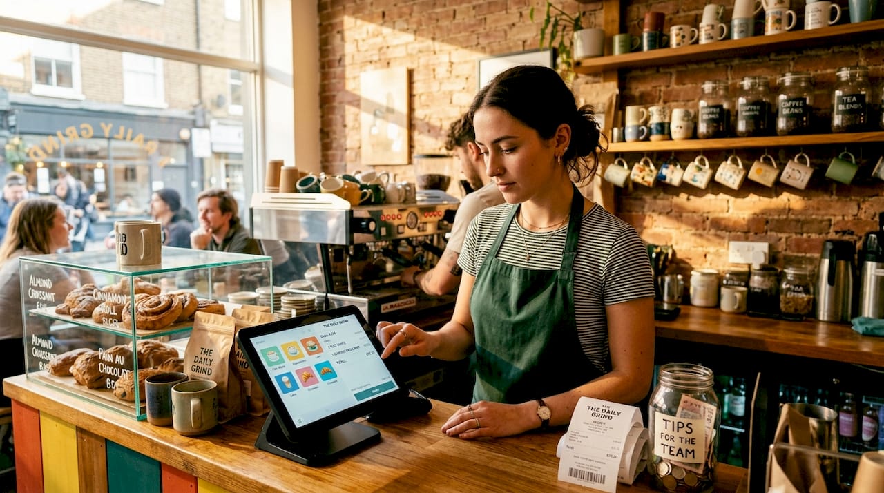 Barista using touchscreen POS in coffee shop