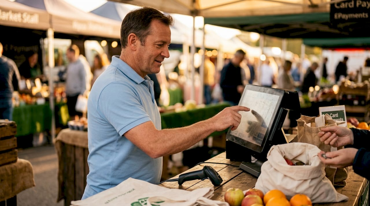 Cashier using touchscreen POS at supermarket