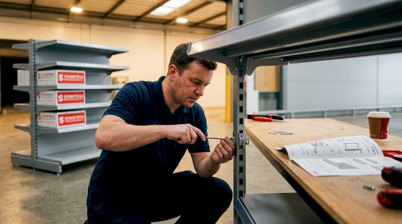 Gondola shelving setup for small shops: 2026 guide 1 Employee assembling gondola shelving in storeroom