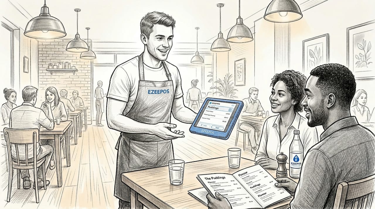 Waiter suggesting upsell to restaurant guests