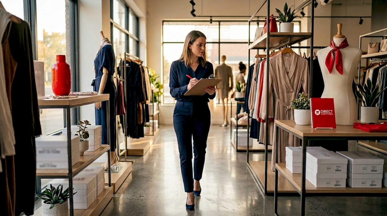 Consultant reviewing retail product displays in small store