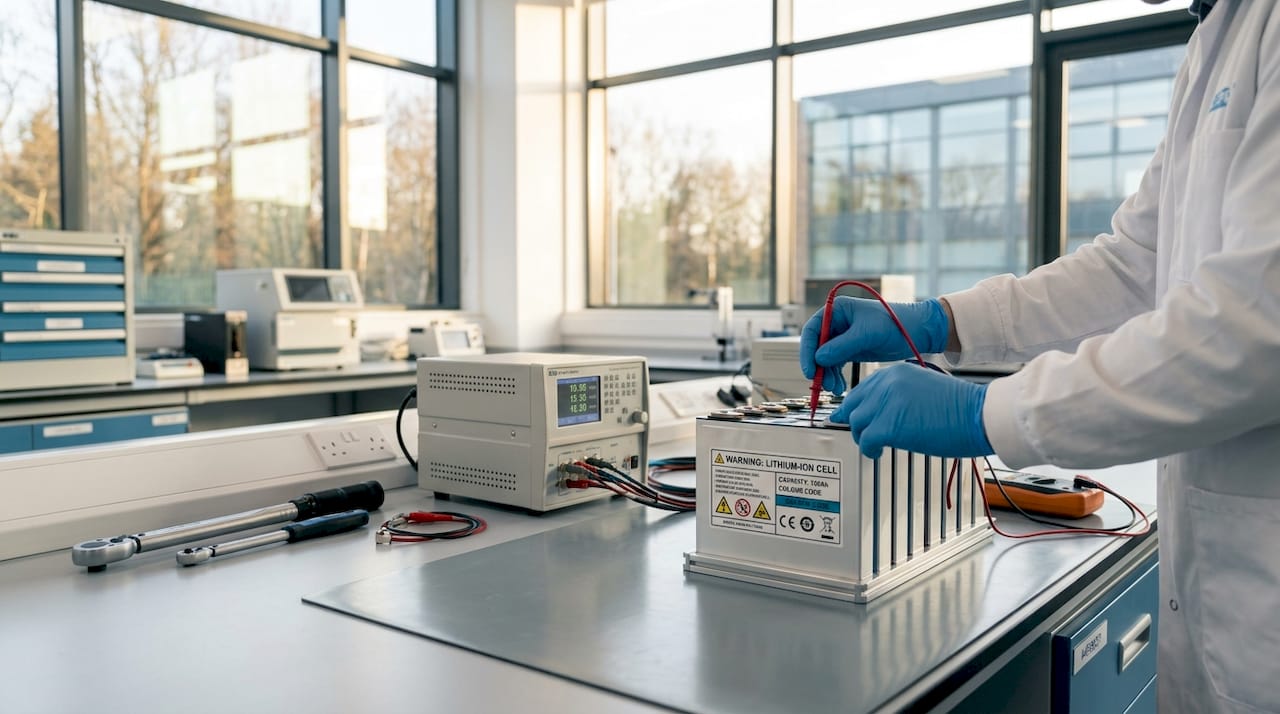Technician testing lithium-ion battery cells