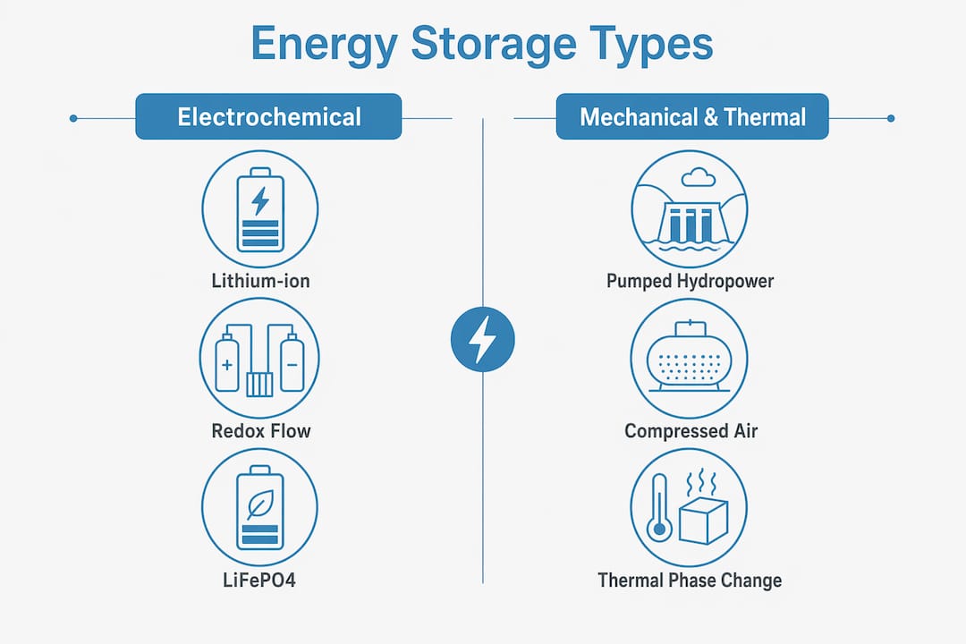 Infographic comparing energy storage technology types