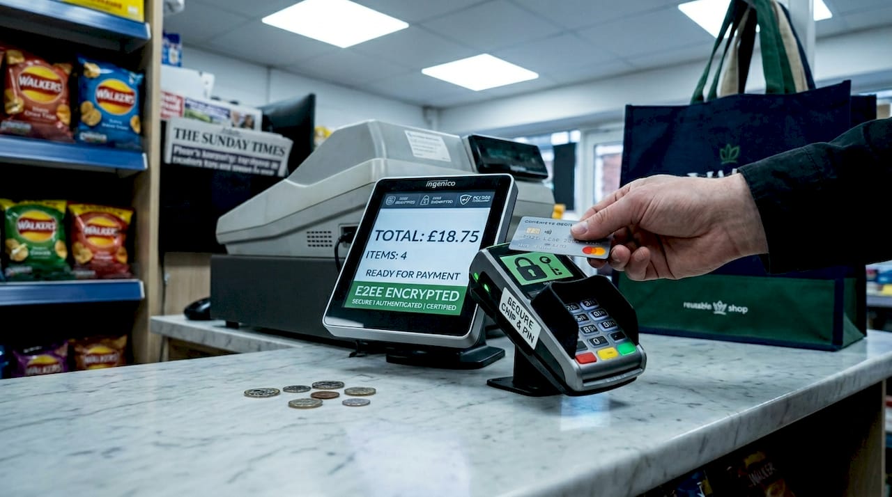 Close-up POS terminal showing encryption tech