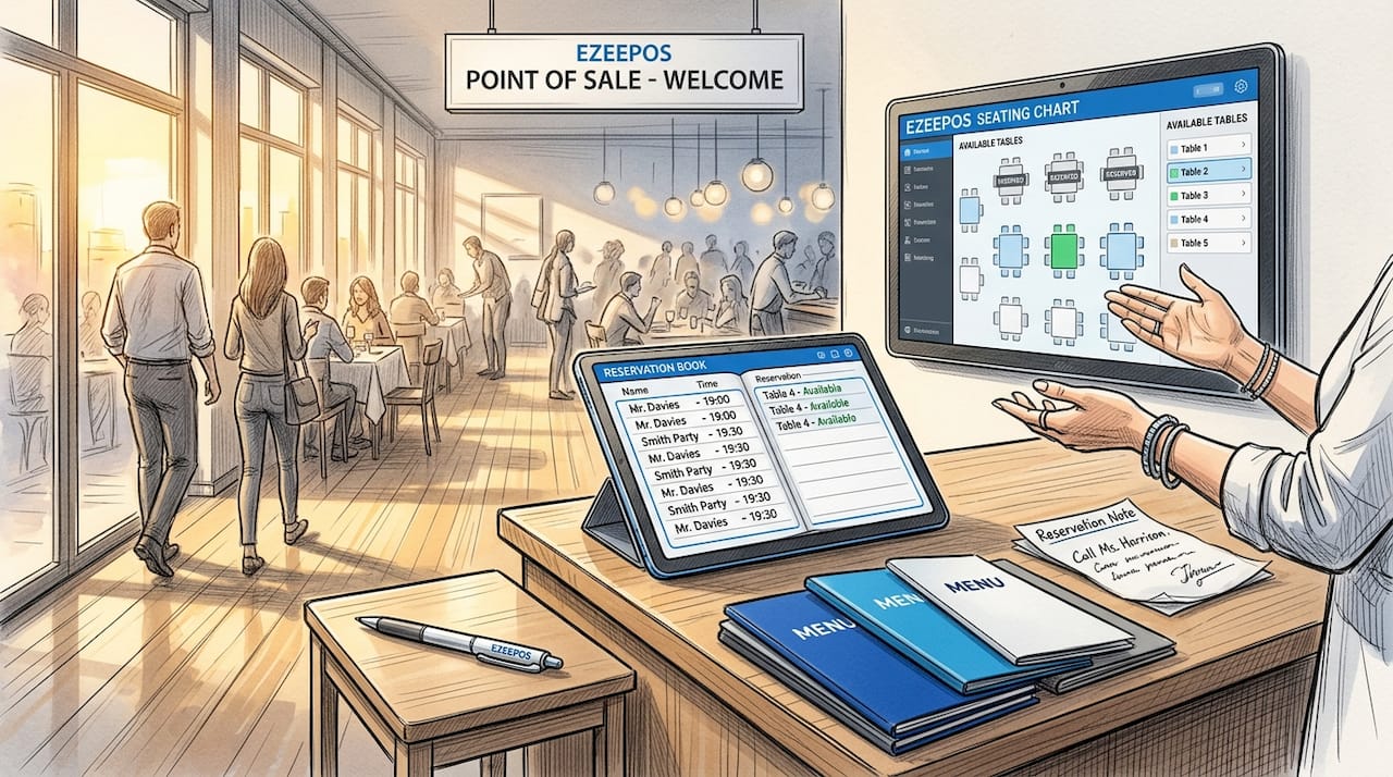 Host stand with reservation tools and touchscreen