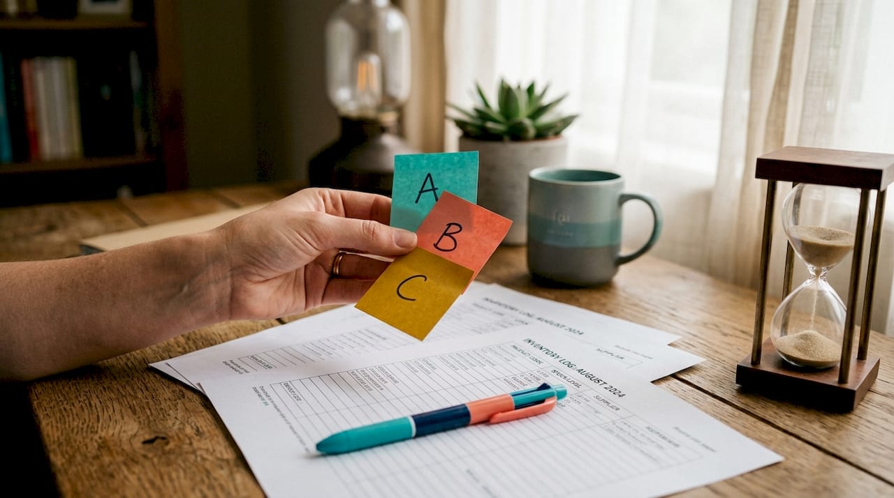 Hand holding ABC classification sticky notes on desk