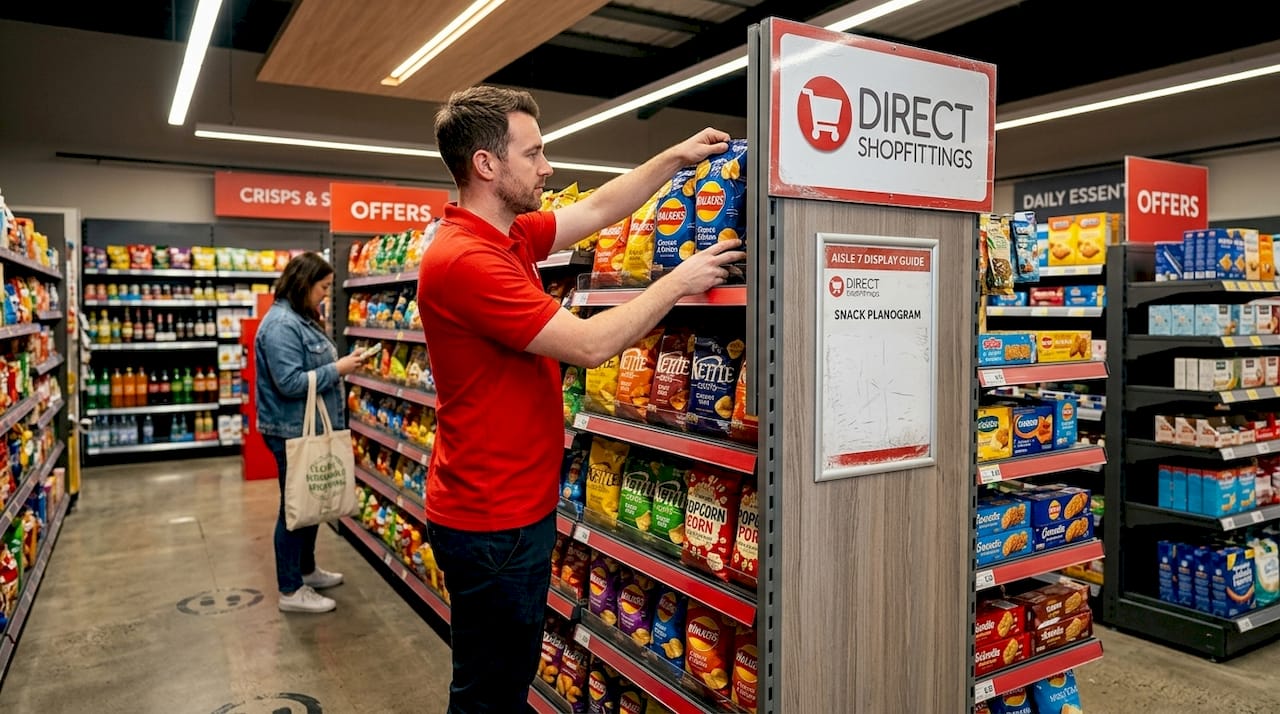 Retail staff restocking freestanding display unit