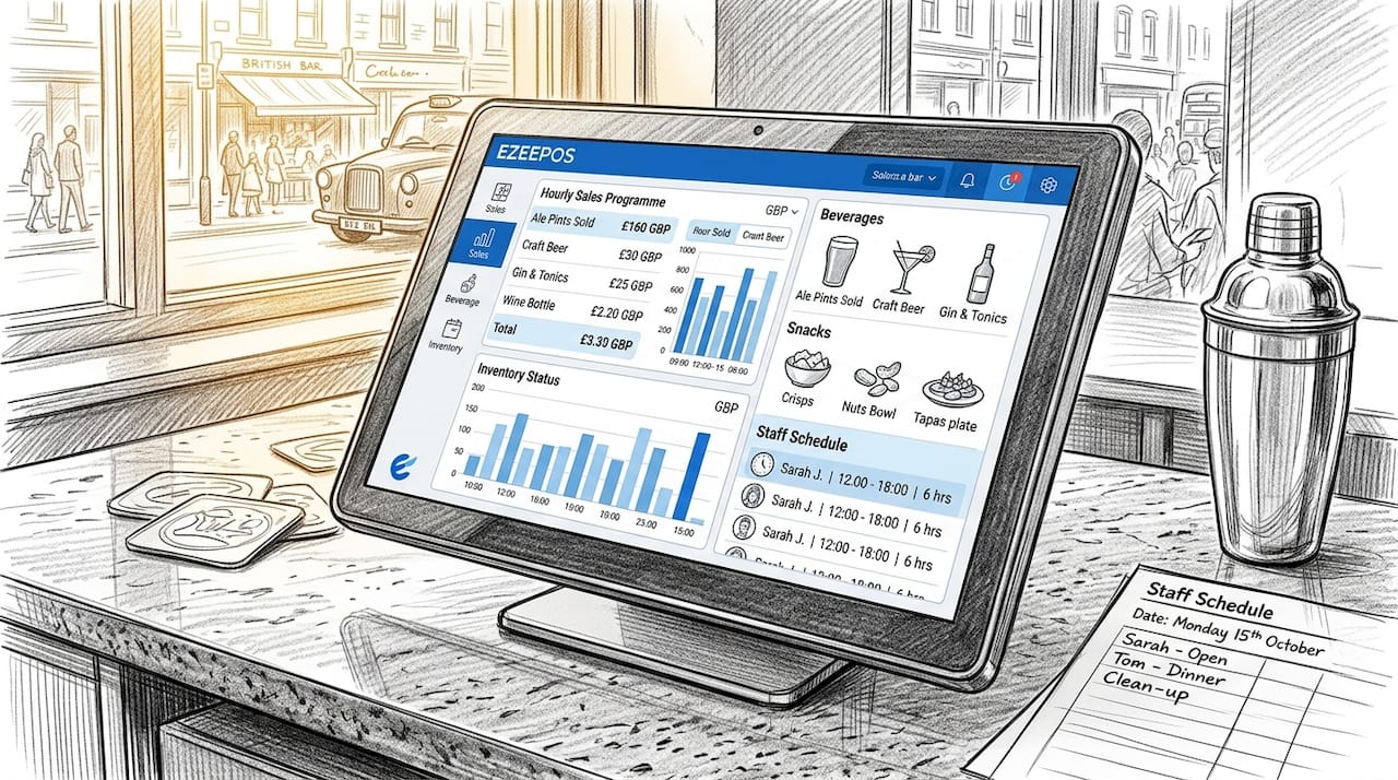 POS system screen with sales and labour data