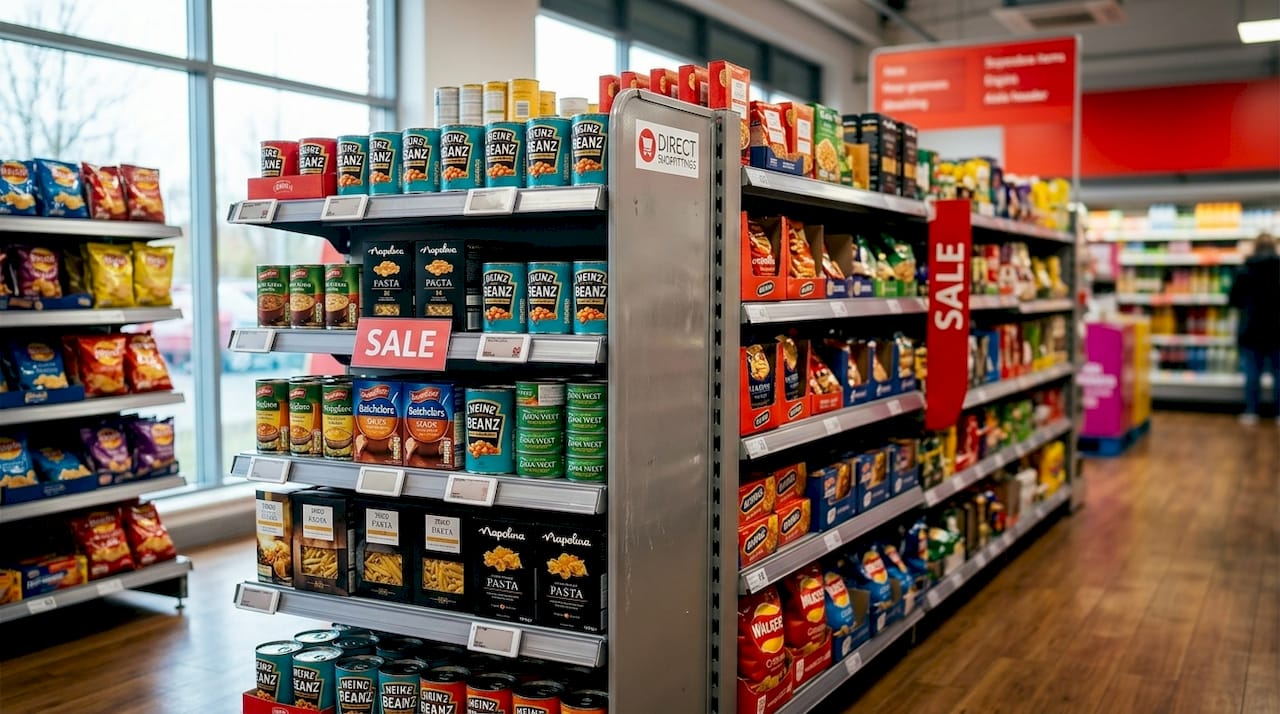 What is a retail gondola unit? A store owner's guide 1 Close-up of double-sided retail gondola shelf stocked
