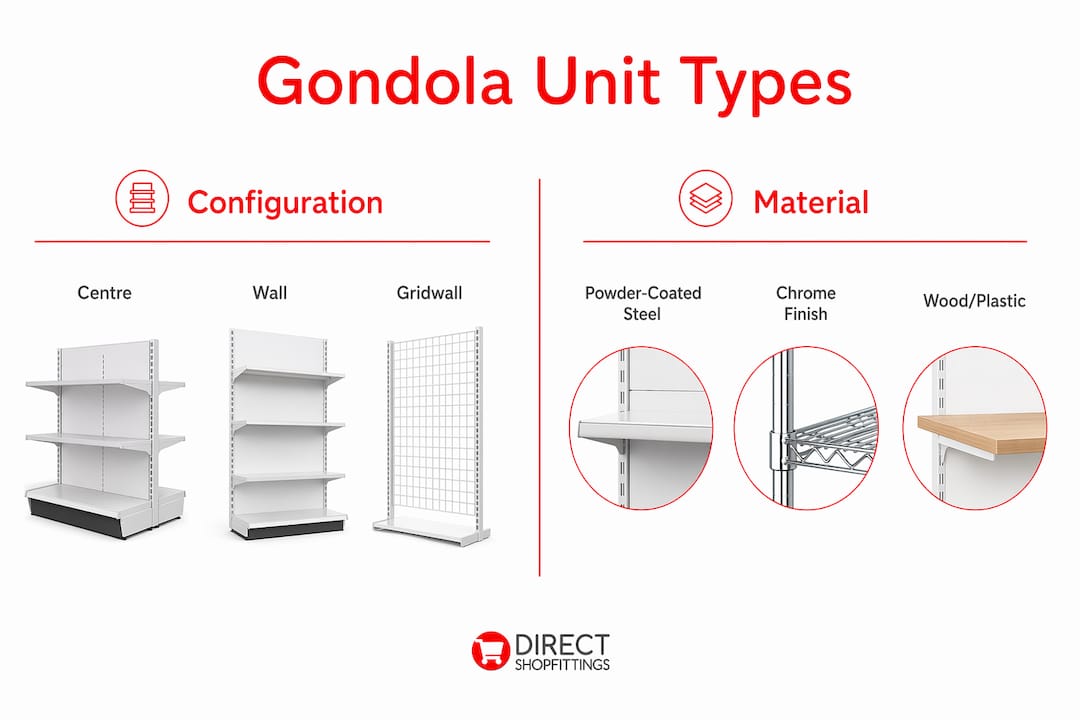 What is a retail gondola unit? A store owner's guide 2 Infographic comparing gondola unit types and materials