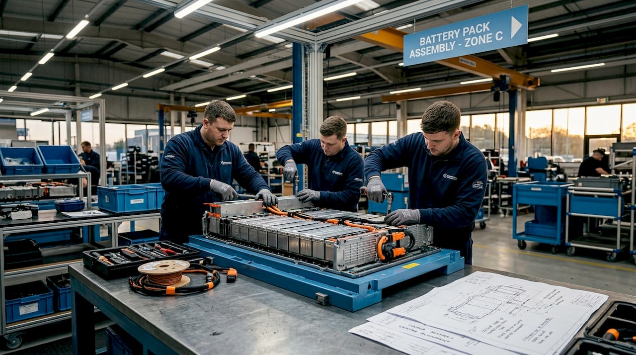 Technicians assembling electric vehicle battery pack