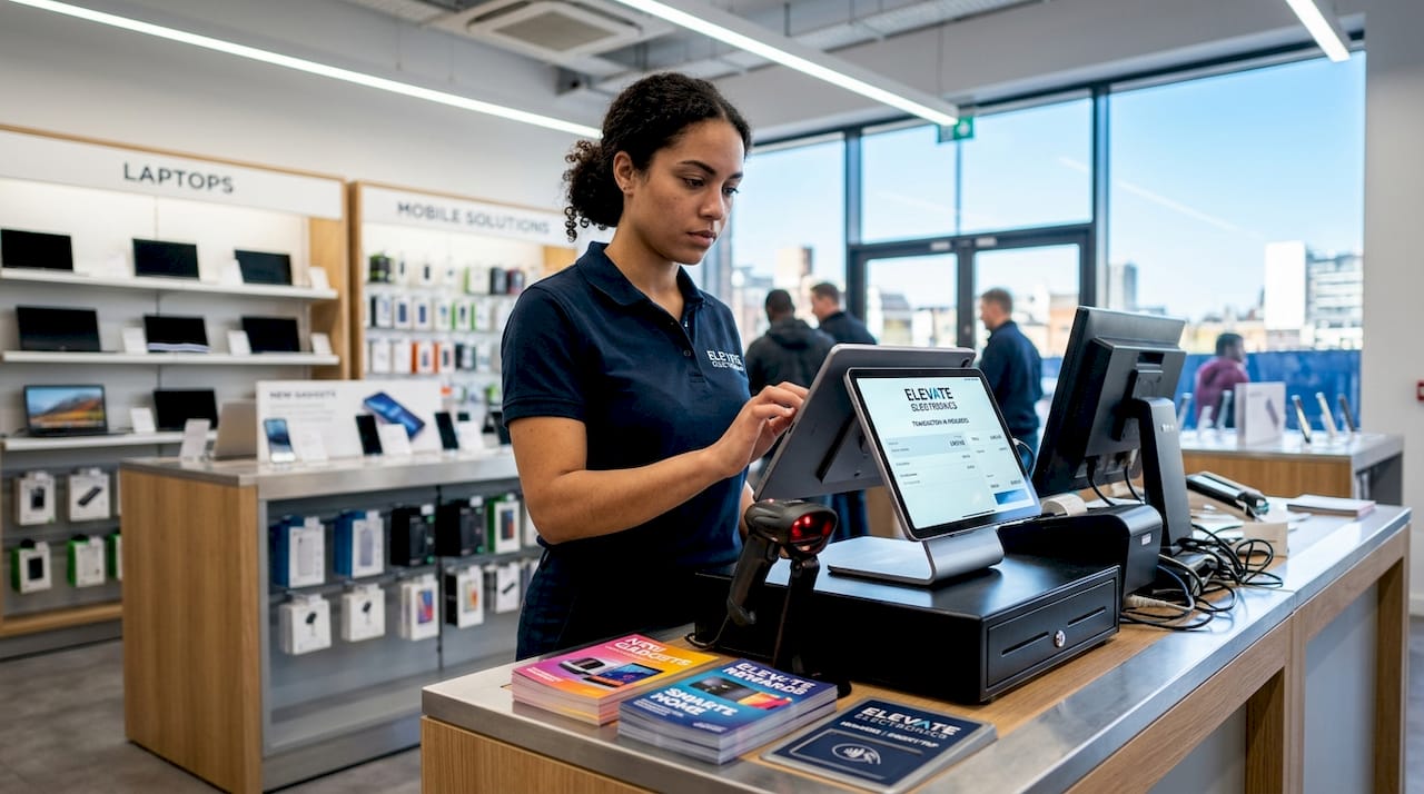 Retail staff operating tablet POS at checkout