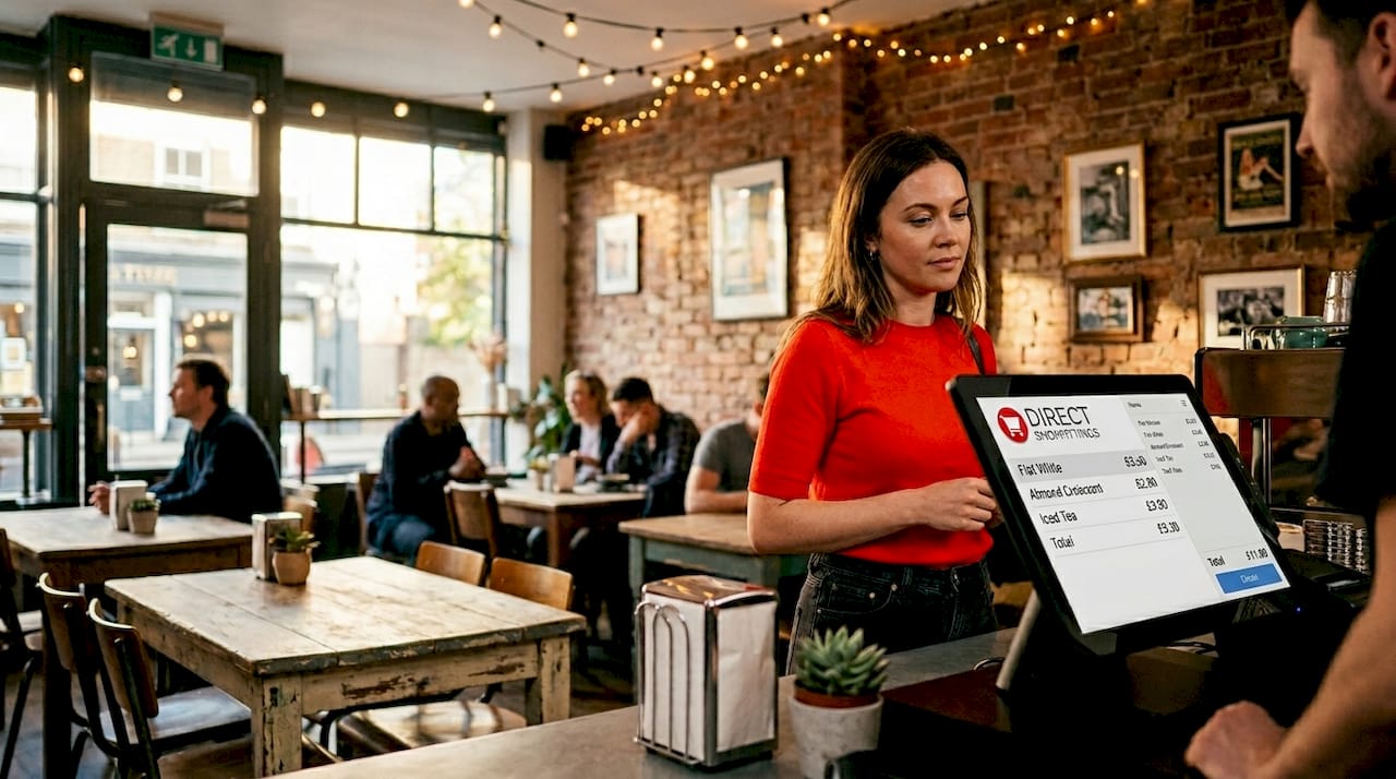 Customer watching POS screen in café