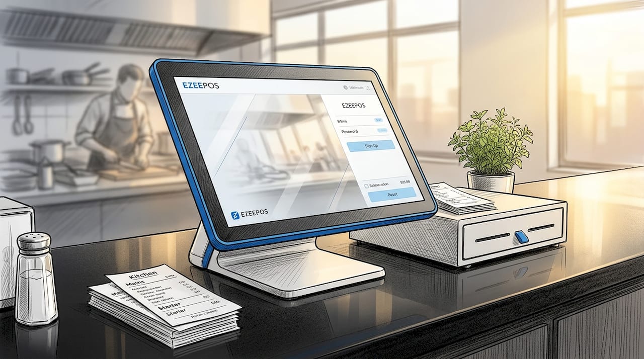 Touchscreen POS terminal on wooden restaurant counter