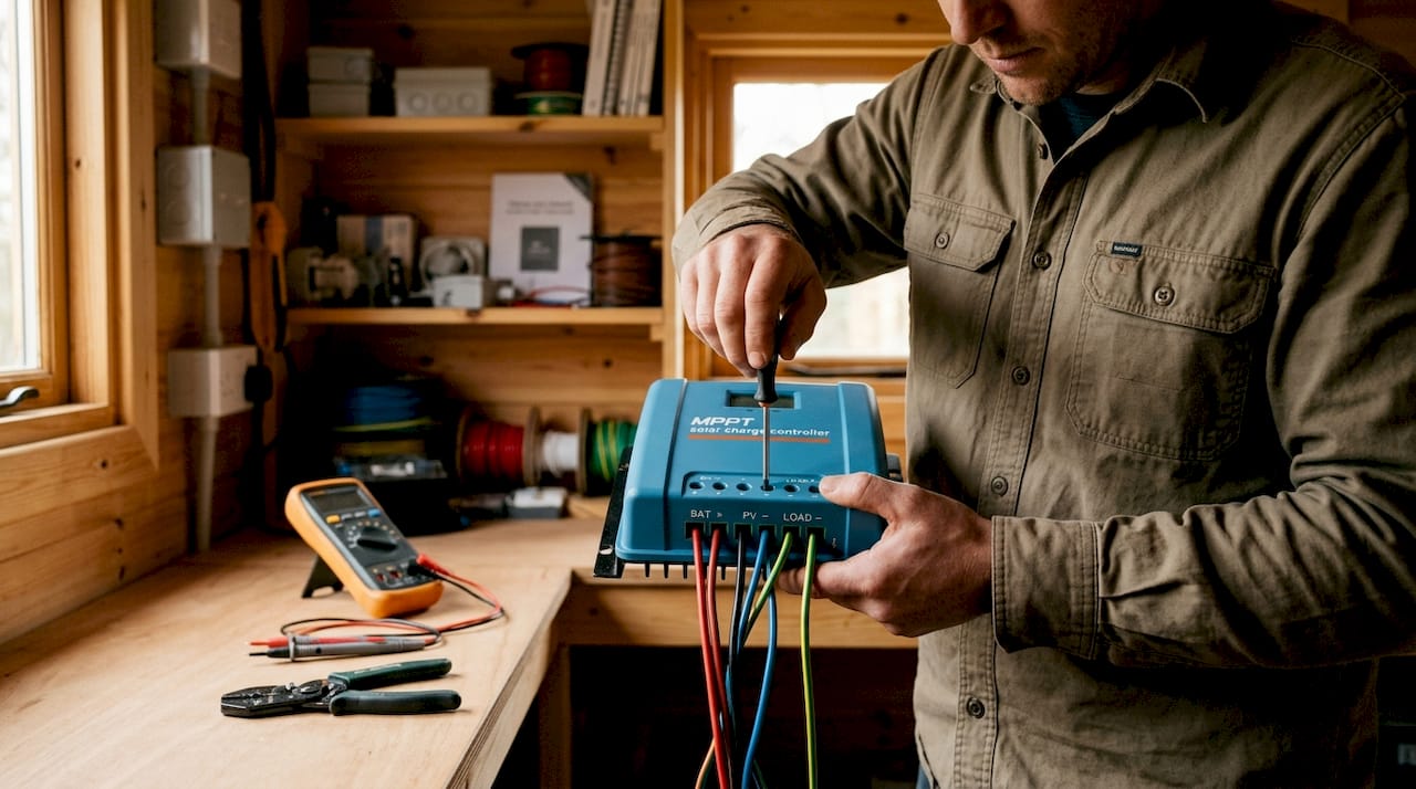 Technician installing solar charge controller