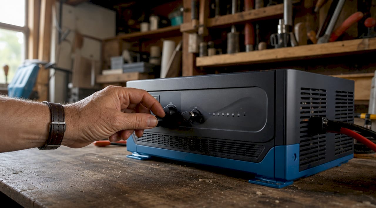 Close-up hand adjusting inverter charger panel