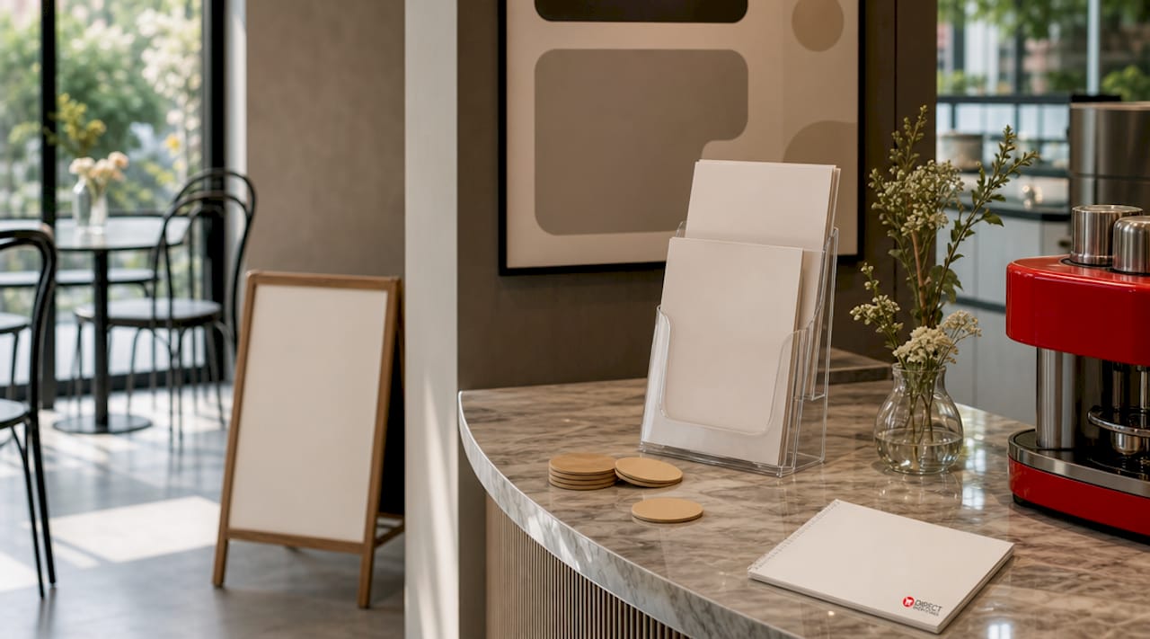 Collection of diverse menu display stands indoors