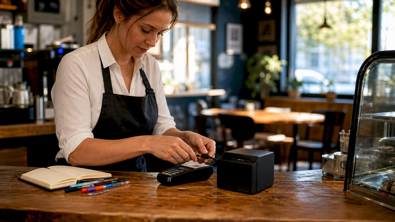 Hands connecting payment terminal and receipt printer