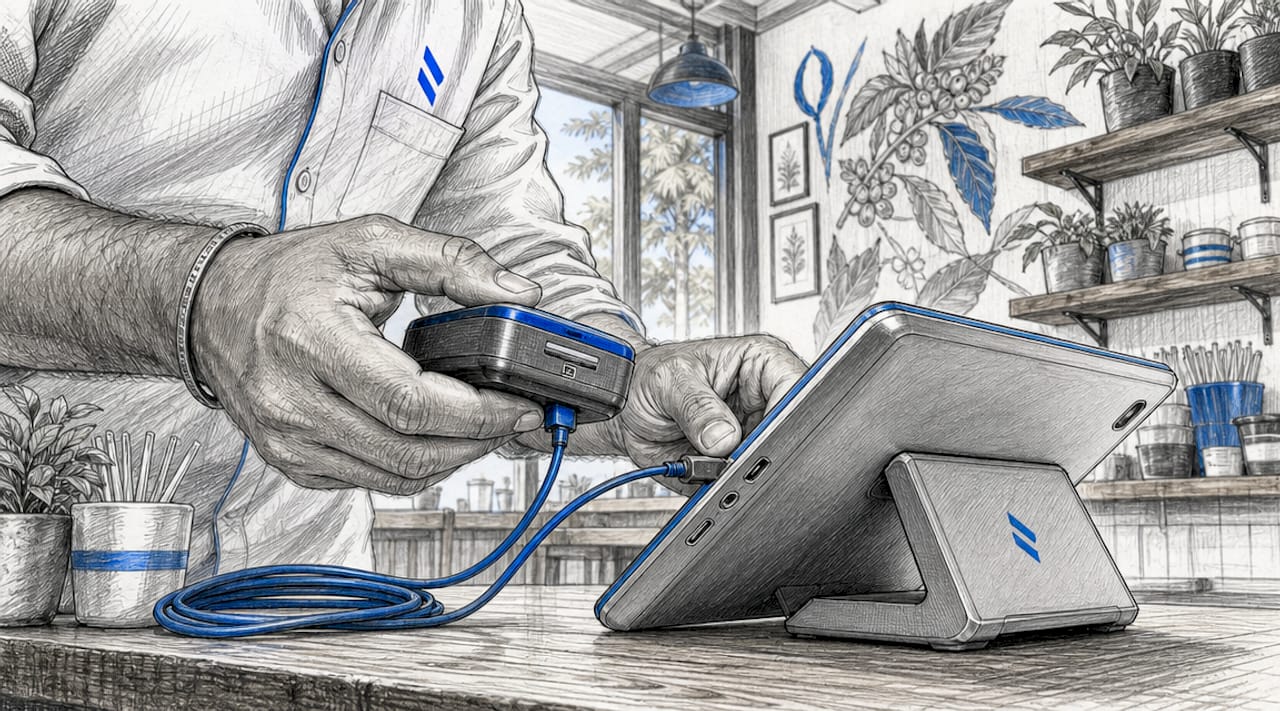 Technician connecting card reader to POS system