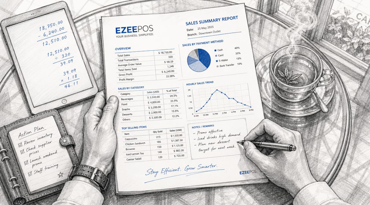 Hands analyzing POS sales summary report