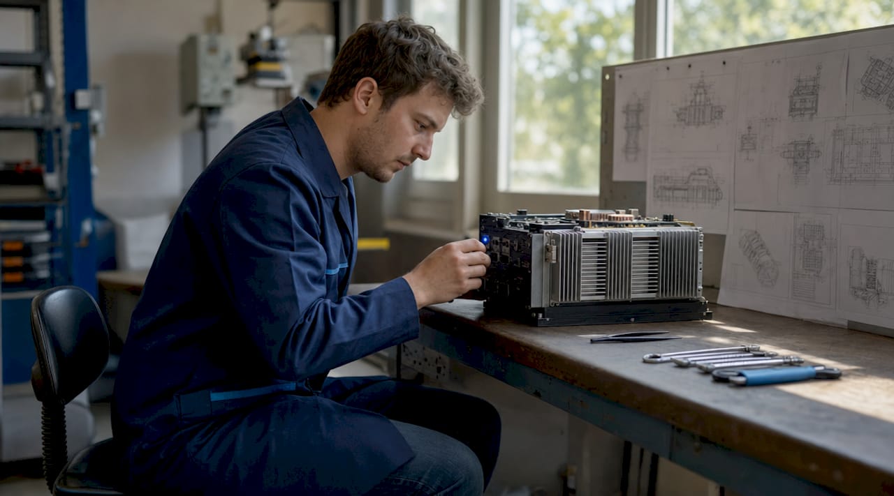 Technician hands adjusting power conversion module