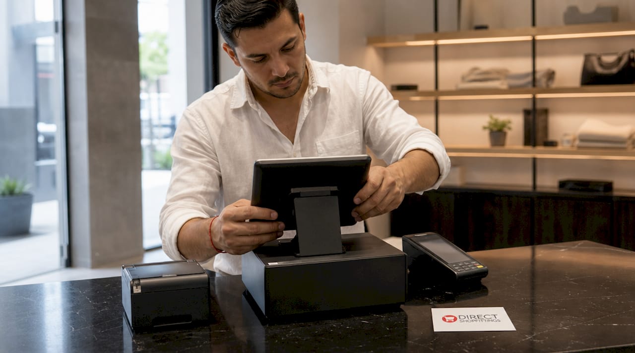 Technician assembling POS terminal at checkout