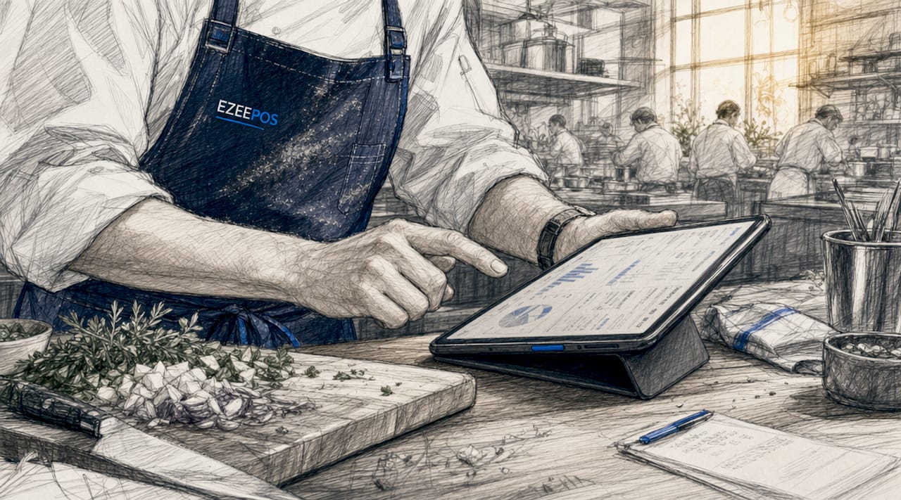 Chef calculating menu matrix using tablet in kitchen