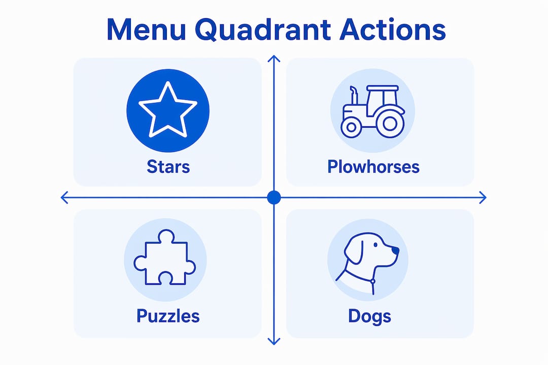 Infographic detailing actions for menu engineering quadrants