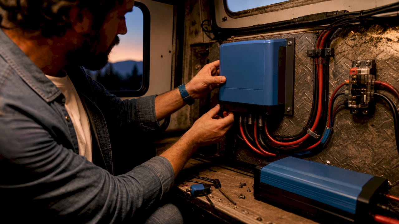 Hands connecting Victron solar controller inside campervan