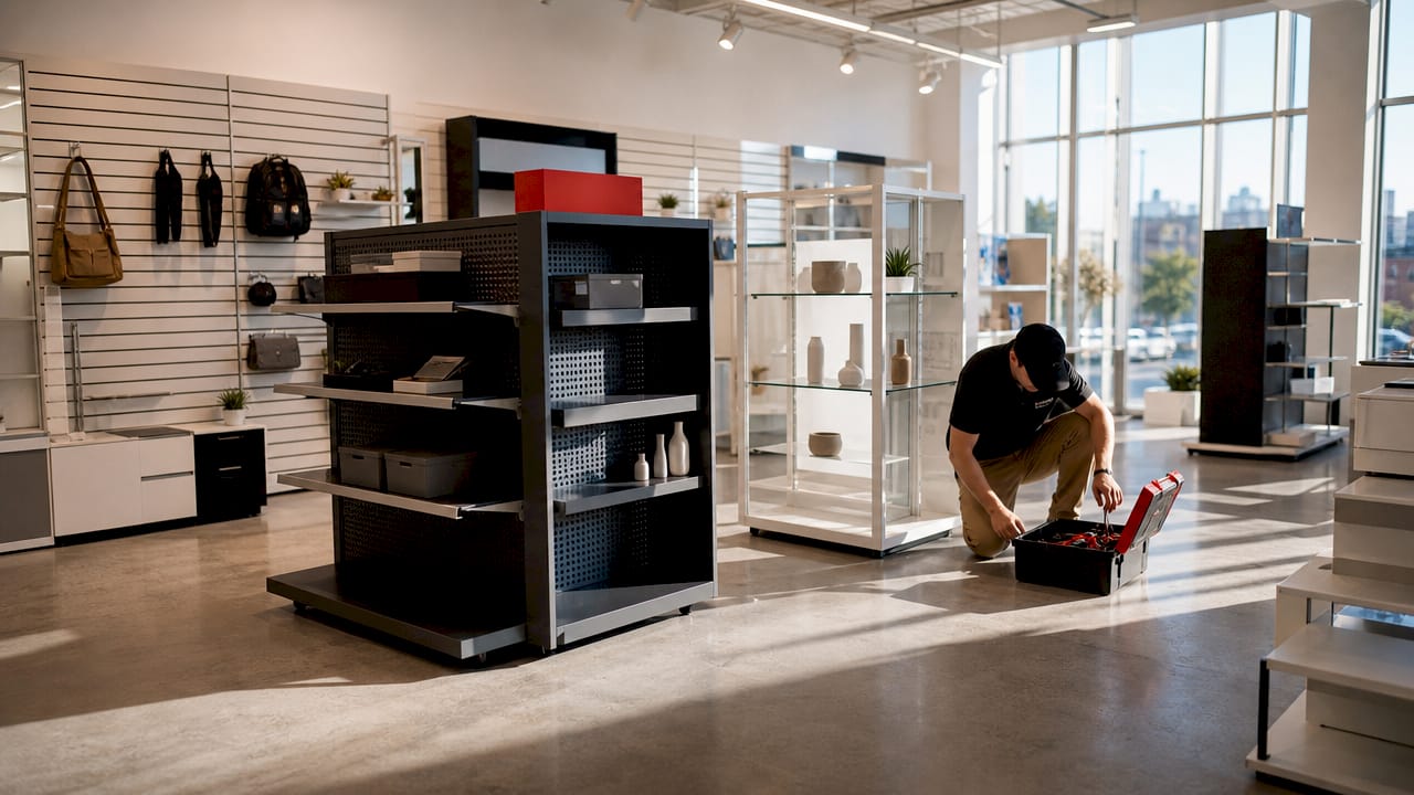 Variety of retail display fixtures in showroom