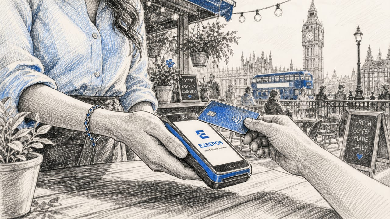 Barista processing contactless payment at café counter