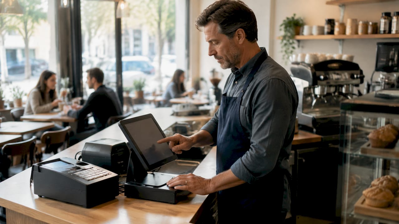Hands configuring café payment hardware setup