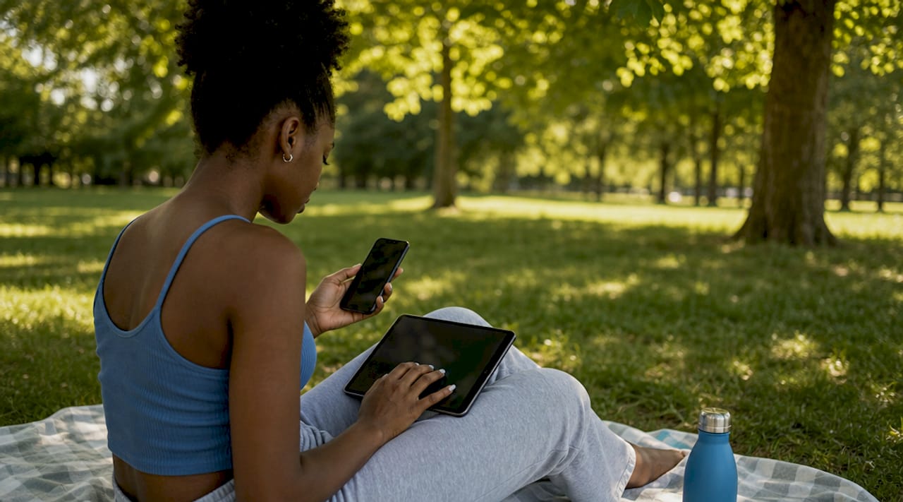 Woman reviewing energy consumption data on devices